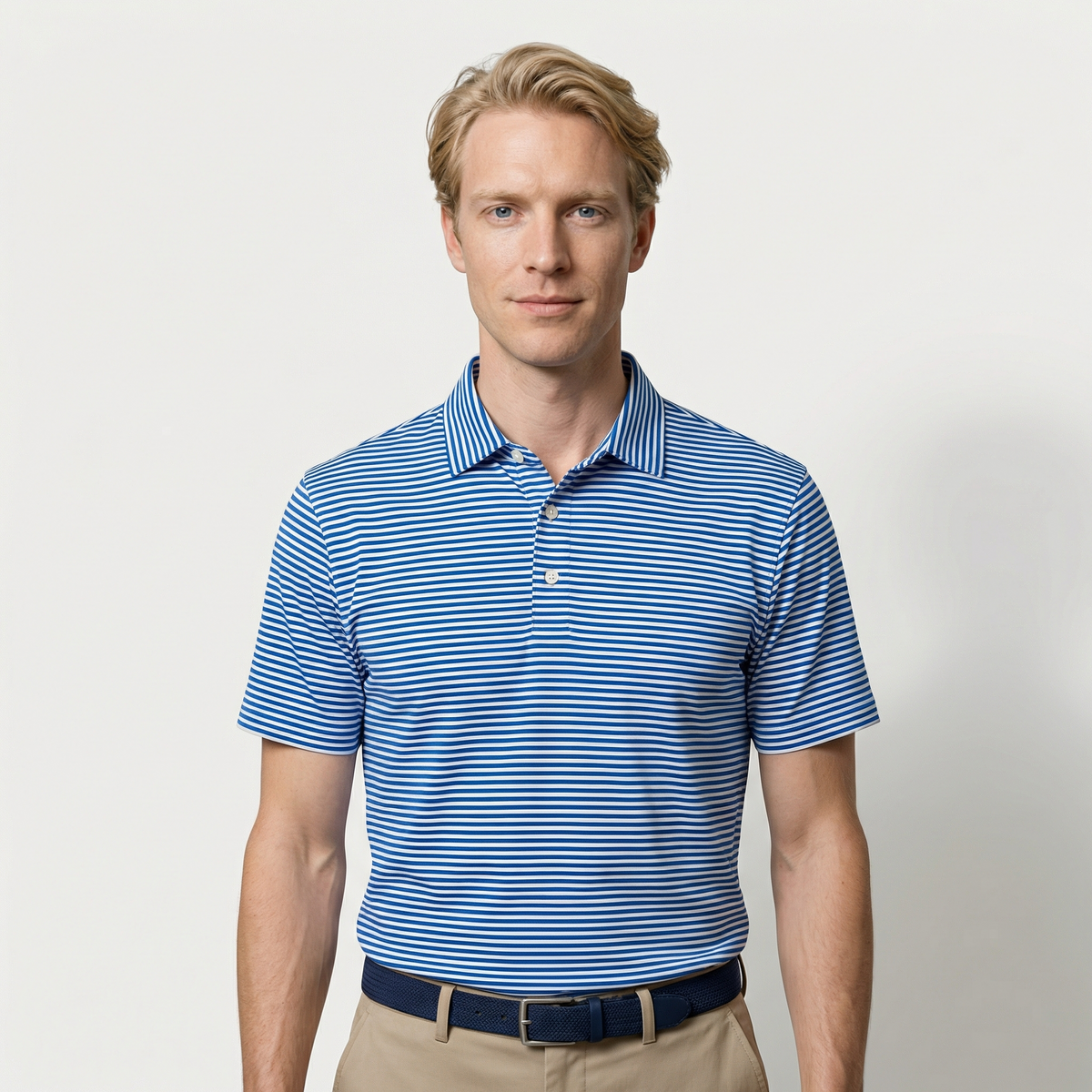 Model wearing the Palmetto Clothing The Classic Stripe Polo in Royal Blue, a premium stripe golf polo crafted with lightweight performance fabric and exceptional comfort for golfers everywhere.